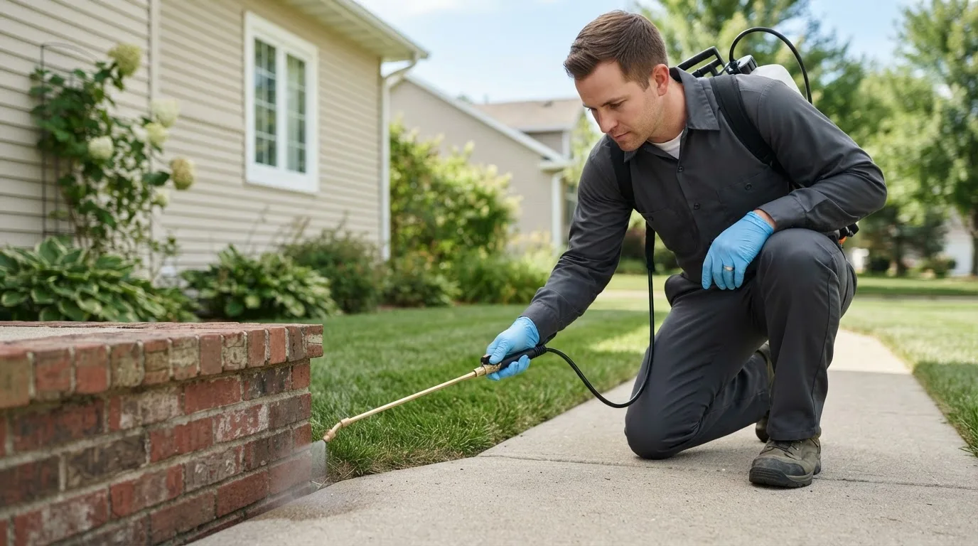 Pest control technician treating a home near Owanka, SD